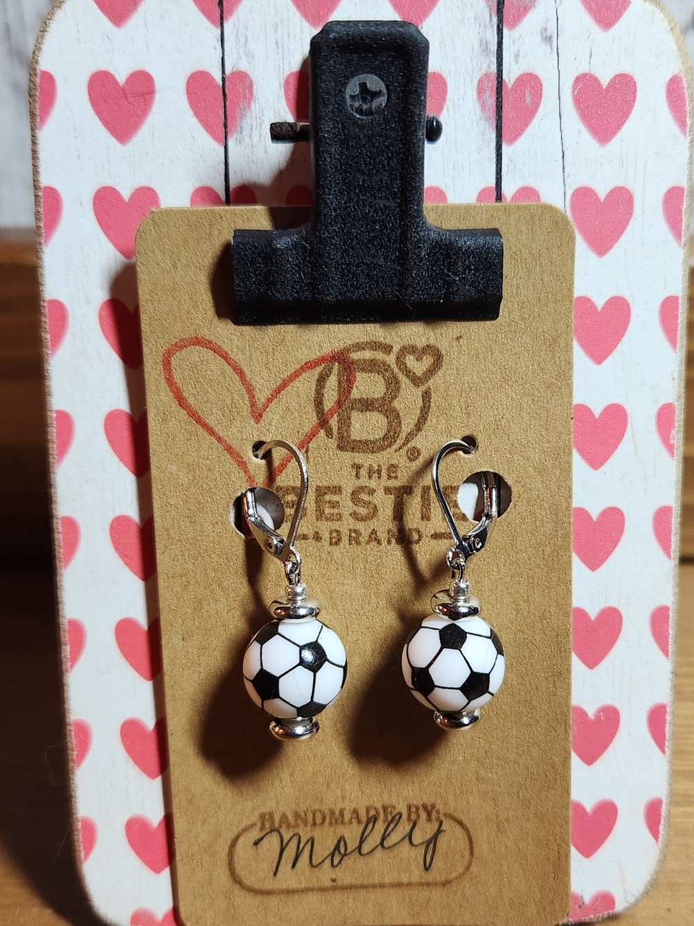Handmade Black & White Soccer Ball Dangle Drop Earrings Surgical Steel Leverback